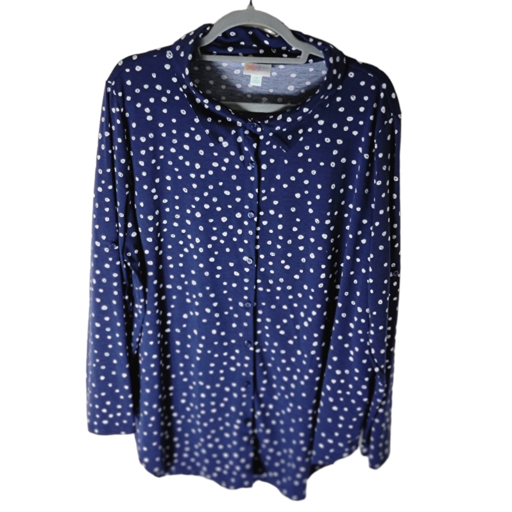 LuLaRoe Valentina plus size navy blue white polka dot button front top size 2XL